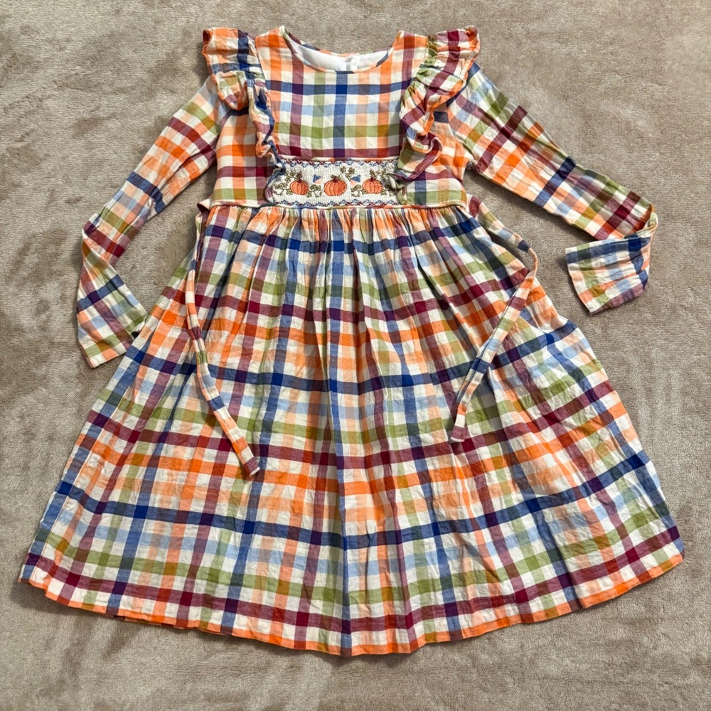 Bonnie Jean Girls Fall Plaid Smocked Pumpkin Dress Multicolor Size 6 Fall